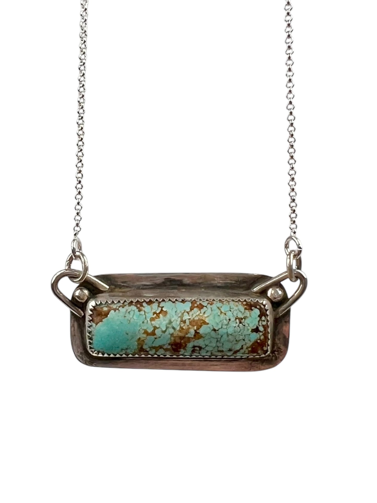 Turquoise bar necklace handcrafted sterling silver white background