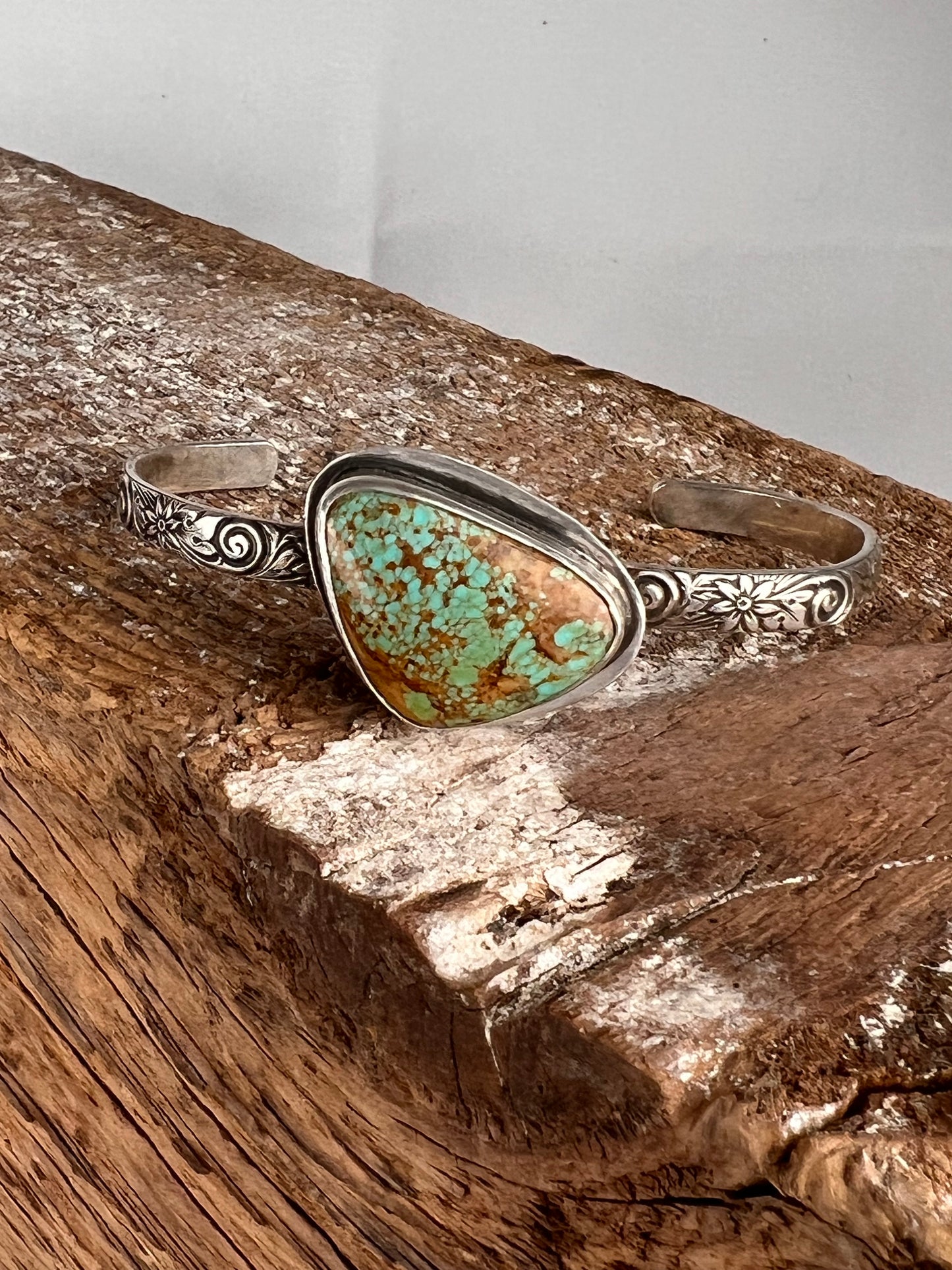 Triangle Kingman Turquoise Floral Wire Cuff - Med/Lg