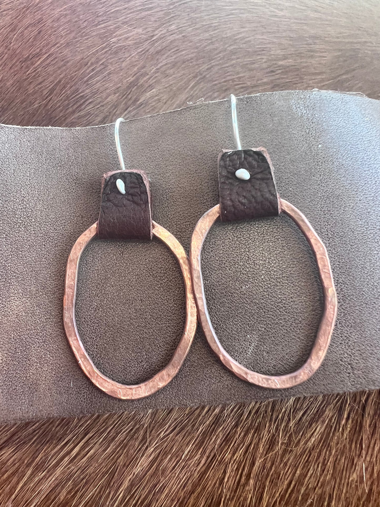 Hammered Copper, leather and sterling earrings