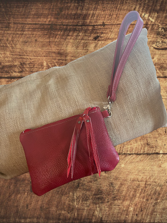Red pebbled leather wristlet