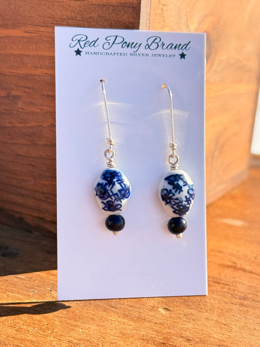 Ceramic Blue and White Beaded Earrings