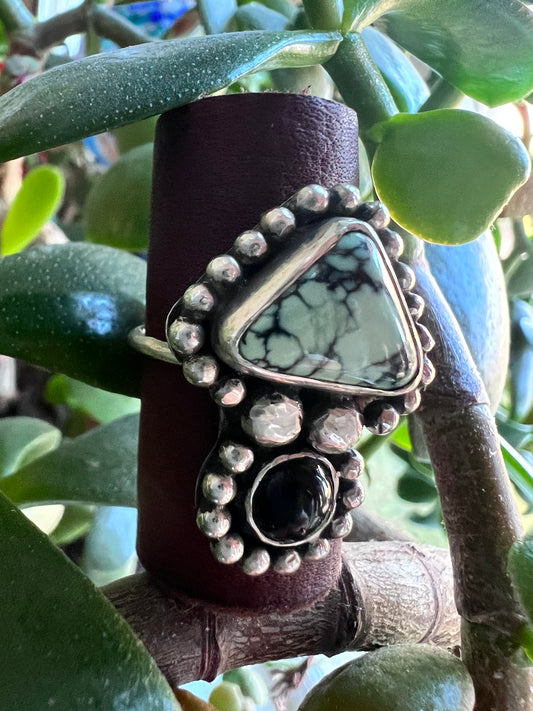 Angel Wing Variscite and Onyx Statement Ring