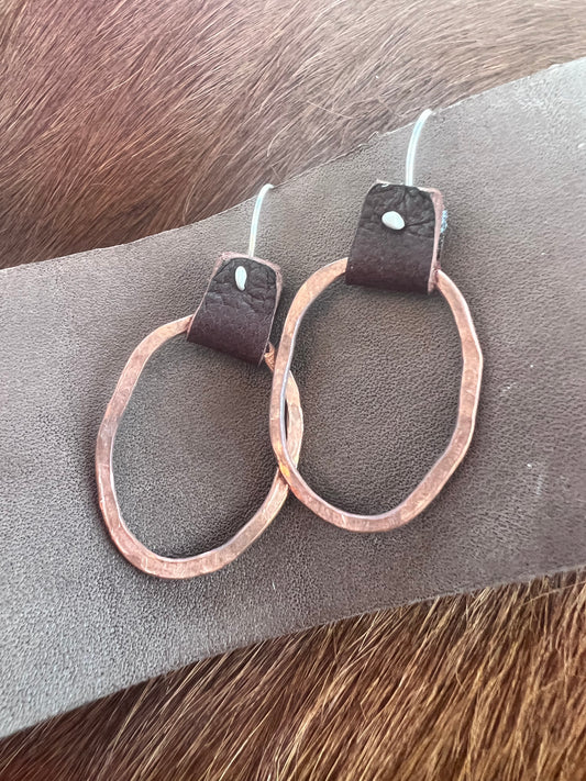 Hammered Copper, leather and sterling earrings