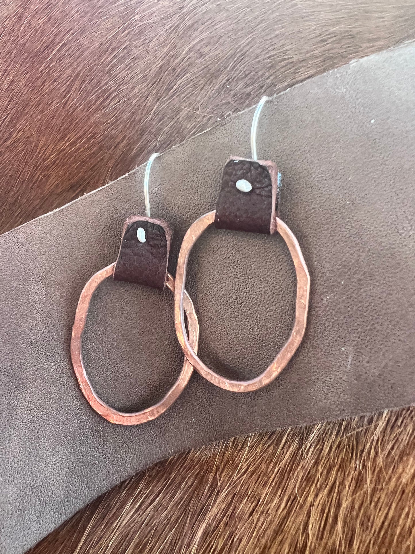 Hammered Copper, leather and sterling earrings